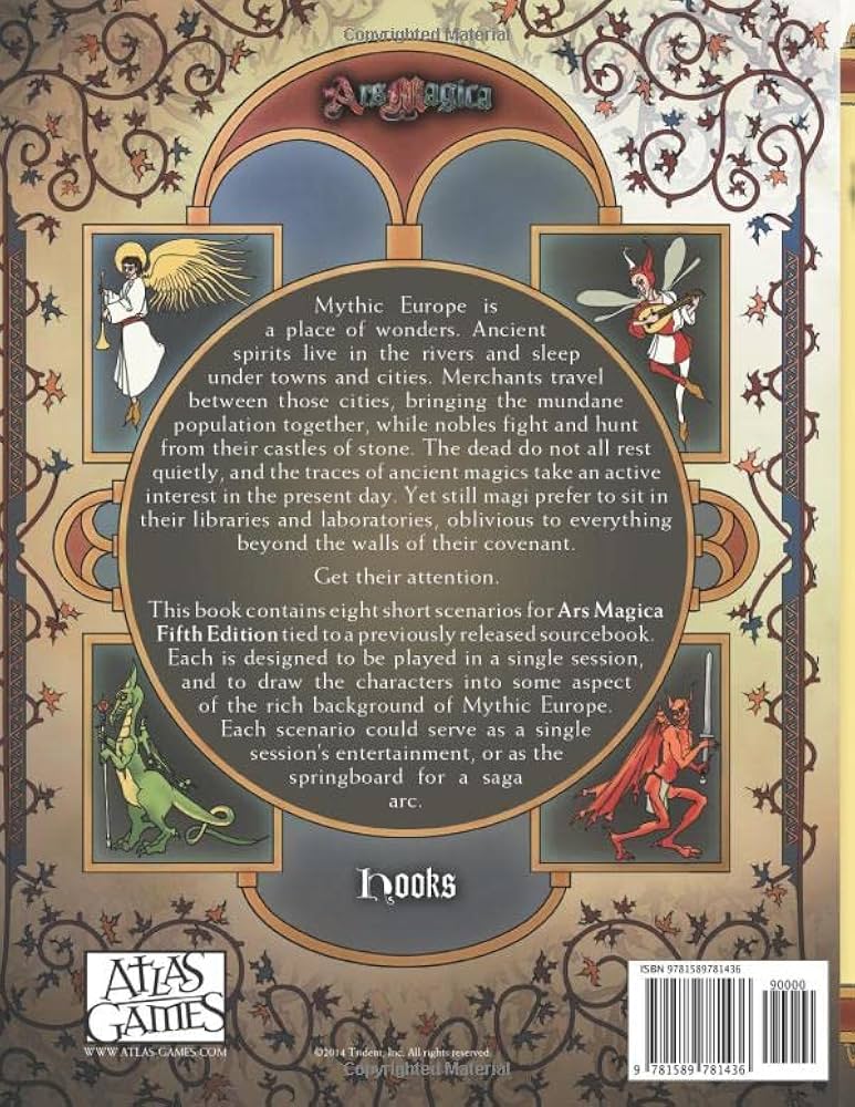 Ars Magica Fifth Edition Hooks sourcebook with ornate brown and gold border featuring illustrations of an angel a fairy a dragon and a demon and text about Mythic Europe