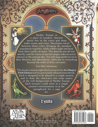 Ars Magica Fifth Edition Hooks sourcebook with ornate brown and gold border featuring illustrations of an angel a fairy a dragon and a demon and text about Mythic Europe