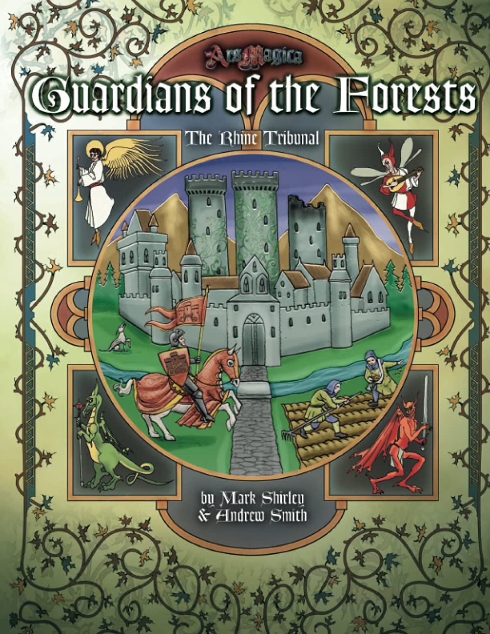 Ars Magica 5th Edition Guardians of the Forests The Rhine Tribunal sourcebook cover featuring a medieval castle knight on horseback fairy angel and demon illustrations