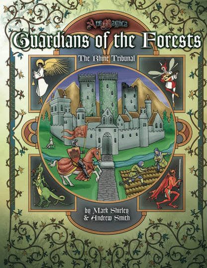 Ars Magica 5th Edition Guardians of the Forests The Rhine Tribunal sourcebook cover featuring a medieval castle knight on horseback fairy angel and demon illustrations