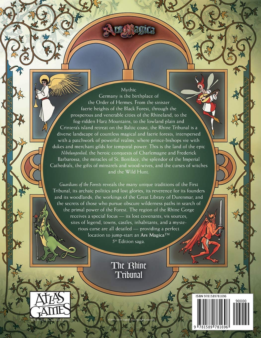 Ars Magica 5th Edition The Rhine Tribunal sourcebook with detailed medieval-fantasy art featuring an angel a jester a dragon and a horned demon surrounding text about Mythic Germany