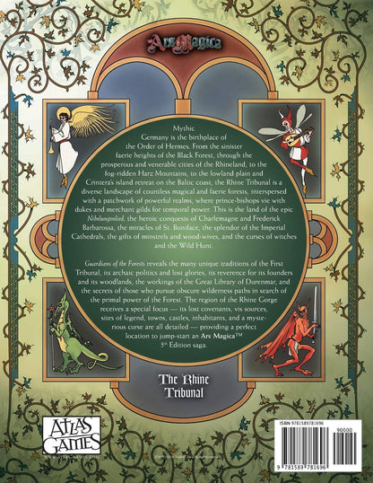 Ars Magica 5th Edition The Rhine Tribunal sourcebook with detailed medieval-fantasy art featuring an angel a jester a dragon and a horned demon surrounding text about Mythic Germany