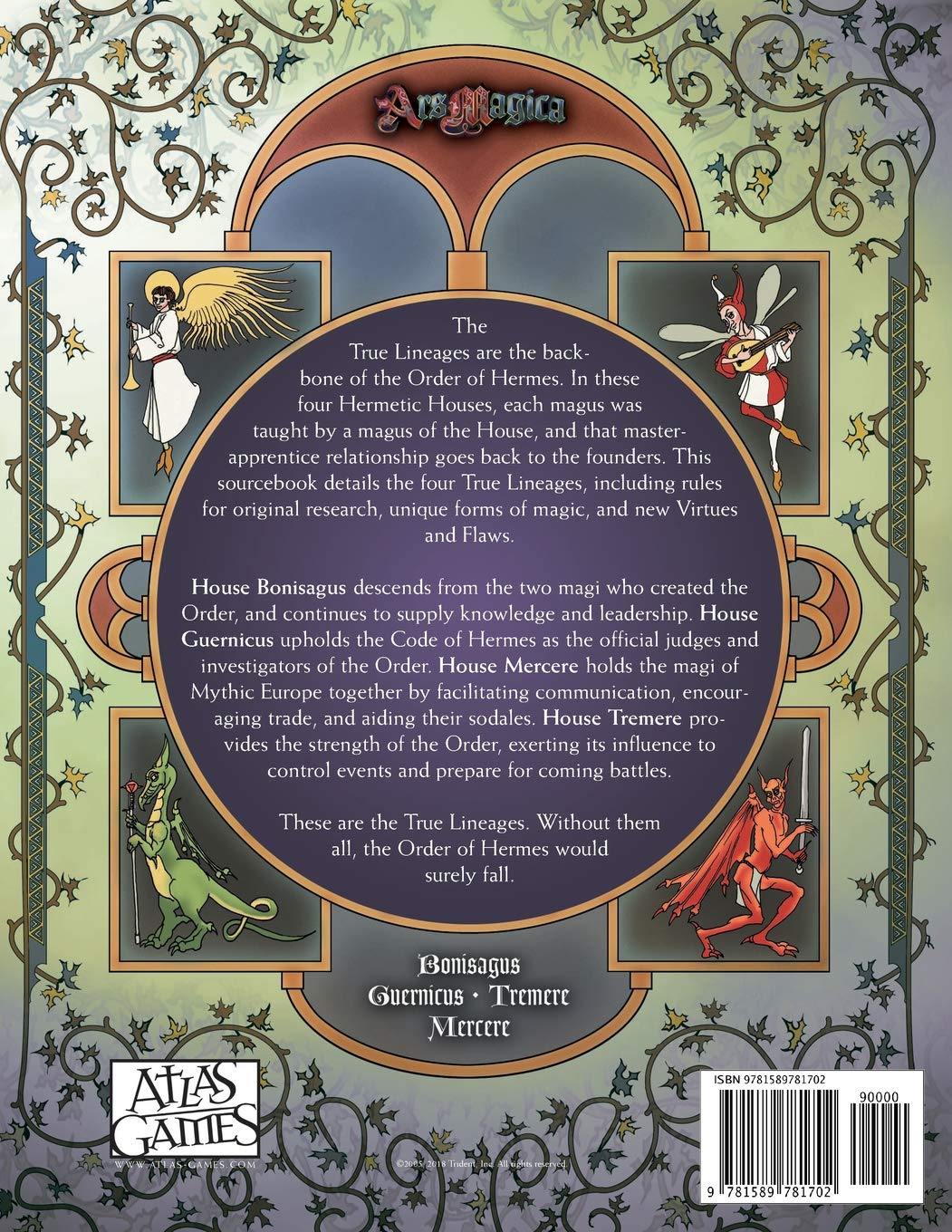 Ars Magica 5th Edition Houses of Hermes True Lineages sourcebook cover featuring four magical figures an angel a jester a dragon and a horned demon surrounding text detailing the game's lore
