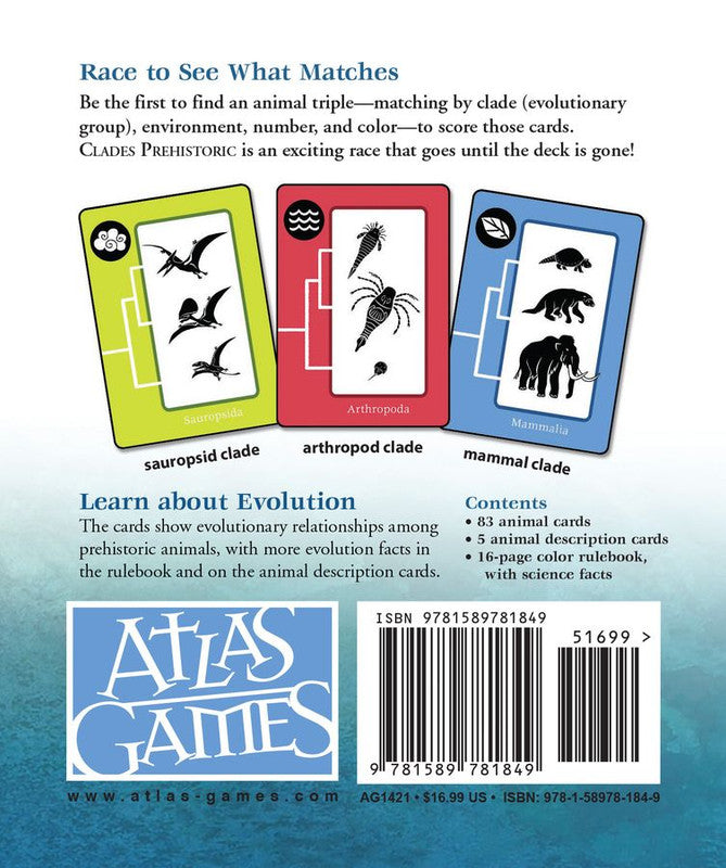 Atlas Games Clades Prehistoric Card Game packaging back view