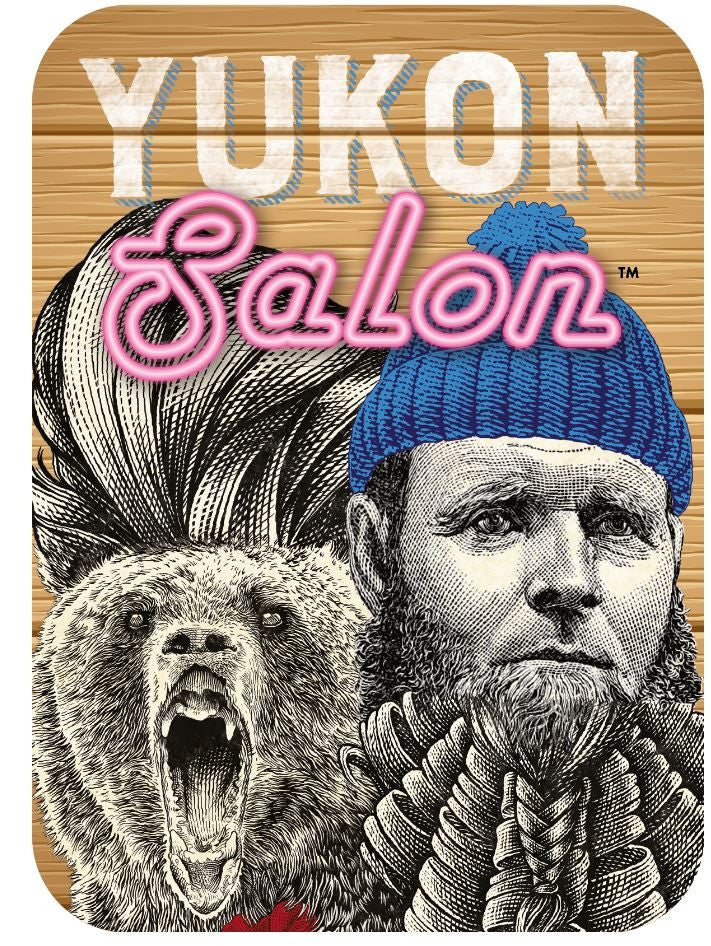 Woodgrain background with YUKON SALON in white letters with blue shadow and Salon in pink neon featuring a roaring grizzly bear with a mohawk and a man in a blue beanie with a braided beard