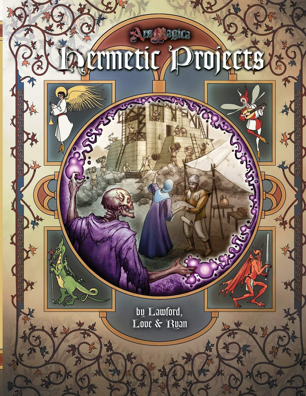 Ars Magica Fifth Edition Hermetic Projects sourcebook cover featuring a skeleton mage a fey bard a dragon familiar and an angel on a parchment background