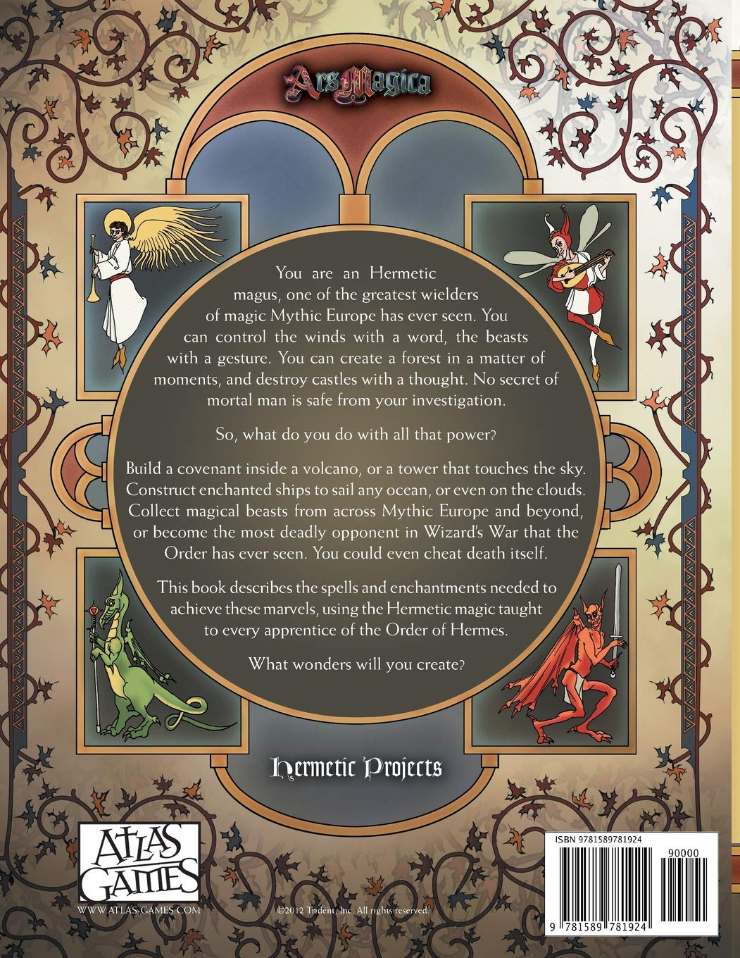 Ars Magica Fifth Edition Hermetic Projects sourcebook back cover featuring an angel fairy playing lute dragon and demon within arched frames on an ornate parchment background