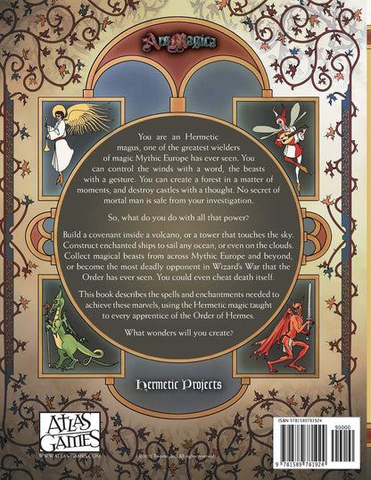 Ars Magica Fifth Edition Hermetic Projects sourcebook back cover featuring an angel fairy playing lute dragon and demon within arched frames on an ornate parchment background