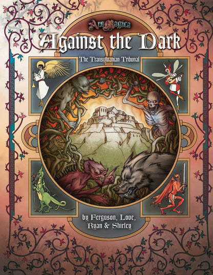 Ars Magica Against the Dark The Transylvanian Tribunal sourcebook cover mystical creatures angel fairy skeleton and castle on a red-orange scrollwork background