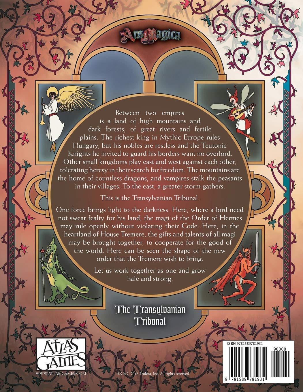 Ars Magica Fifth Edition The Transylvanian Tribunal sourcebook with fantasy illustrations of angels dragons and demons on a medieval-inspired background