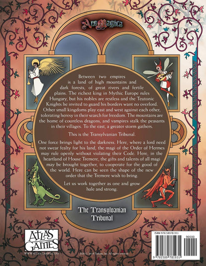 Ars Magica Fifth Edition The Transylvanian Tribunal sourcebook with fantasy illustrations of angels dragons and demons on a medieval-inspired background