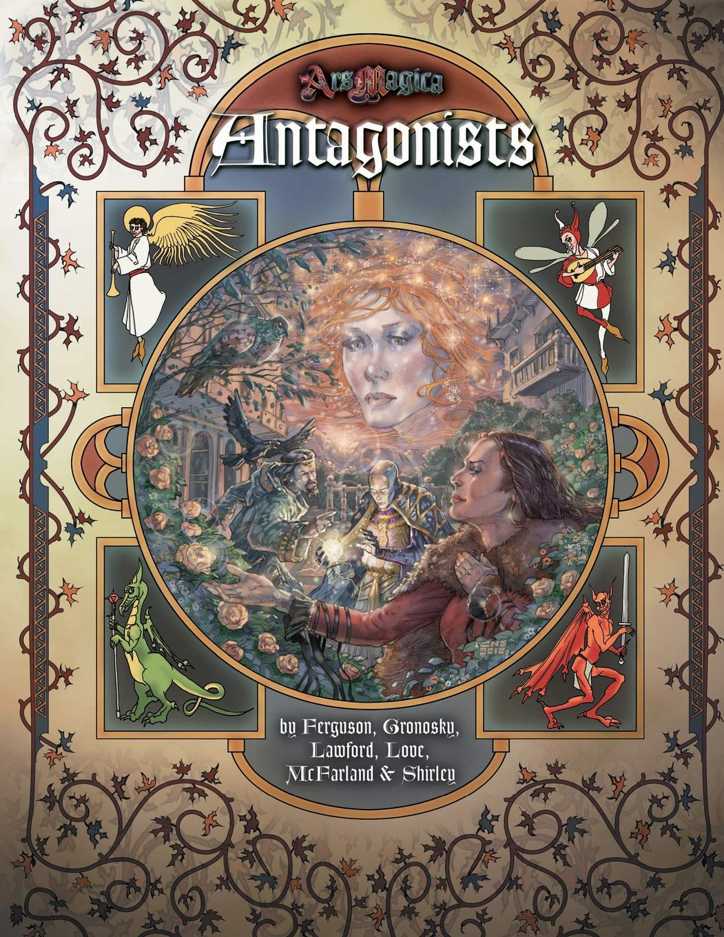 Ars Magica Antagonists sourcebook cover featuring a central illustration of magical figures angels fae dragons and demons with an ornate vine border