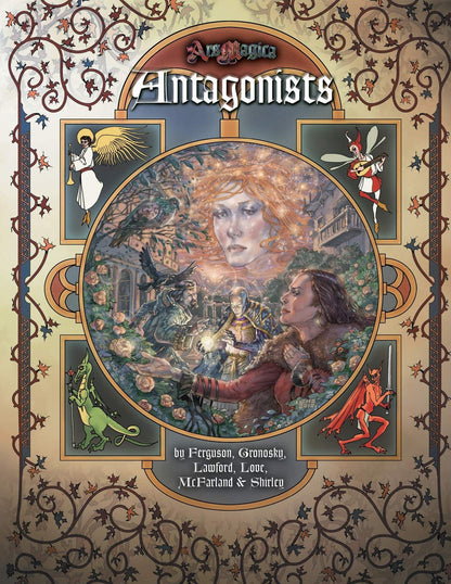 Ars Magica Antagonists sourcebook cover featuring a central illustration of magical figures angels fae dragons and demons with an ornate vine border