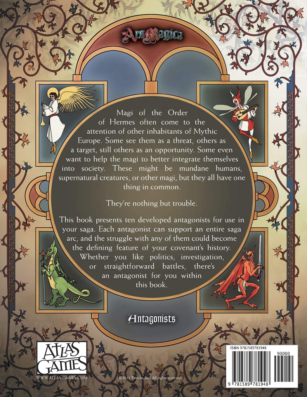 Ars Magica Fifth Edition Antagonists sourcebook with illustrations of an angel jester dragon and demon within an ornate medieval border