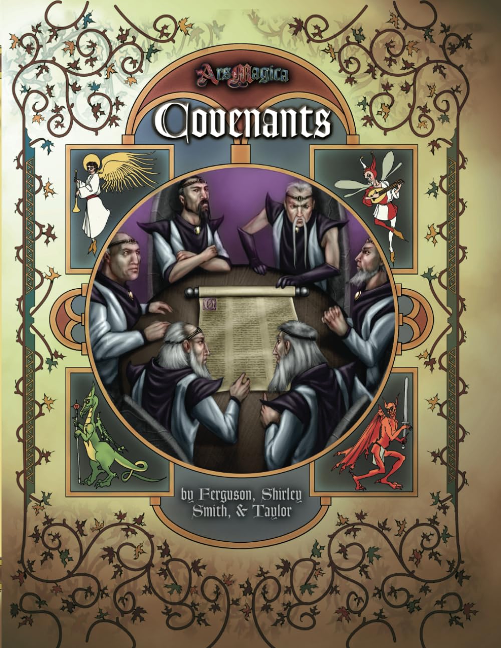 Ars Magica Covenants sourcebook cover depicting seven robed mages around a table with framed illustrations of a dragon angel faerie and demon in the border