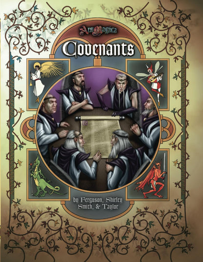 Ars Magica Covenants sourcebook cover depicting seven robed mages around a table with framed illustrations of a dragon angel faerie and demon in the border