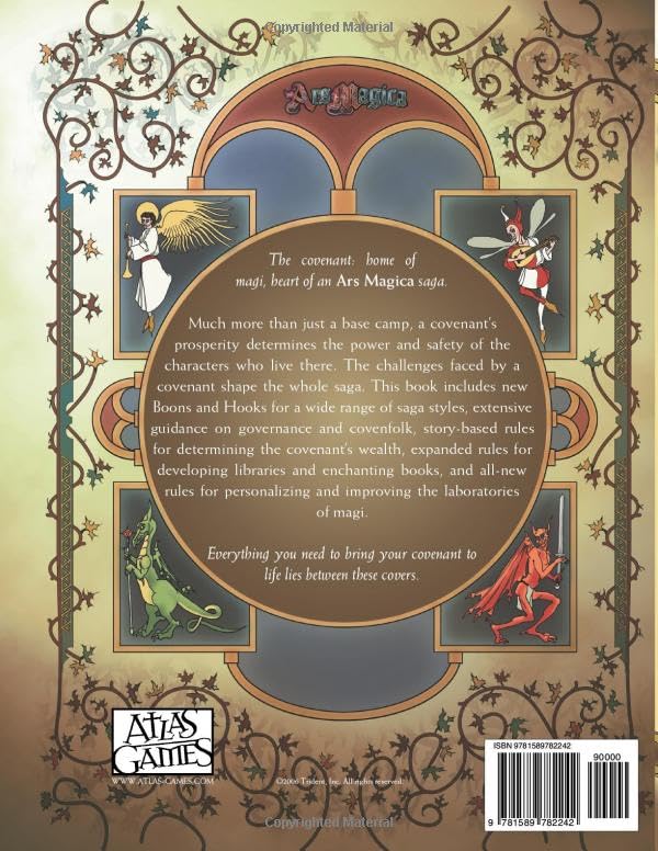 Ars Magica Fifth Edition Covenants sourcebook back cover detailing features like Boons and Hooks governance rules and laboratory improvements