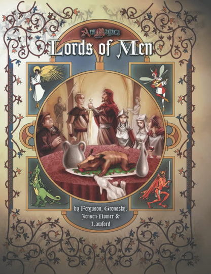 Ars Magica Fifth Edition Lords of Men sourcebook with a medieval feast scene bordered by intricate floral patterns and mythical creatures