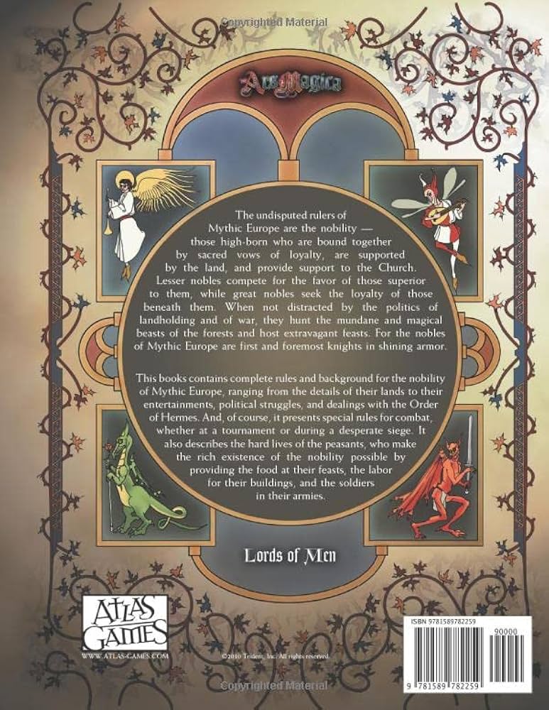 Ars Magica Fifth Edition Lords of Men sourcebook depicting fantastical characters like an angel fairy dragon and demon within ornate medieval archways