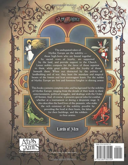 Ars Magica Fifth Edition Lords of Men sourcebook depicting fantastical characters like an angel fairy dragon and demon within ornate medieval archways