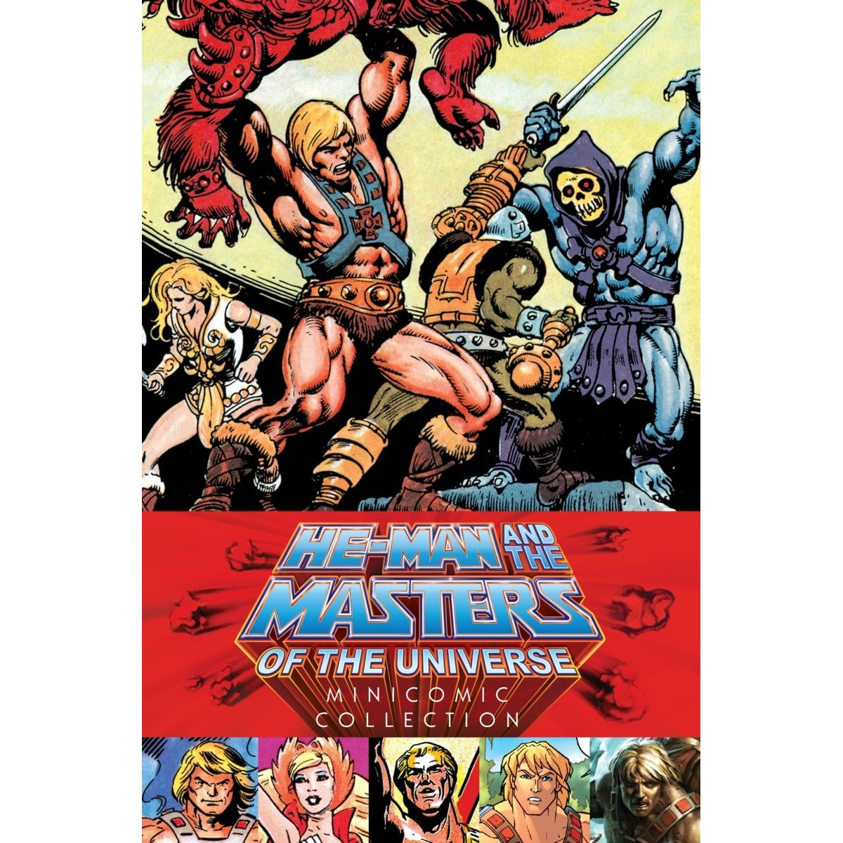 He-Man and the Masters of the Universe Minicomic Collection book cover showing He-Man battling a red monster and Skeletor with a sword