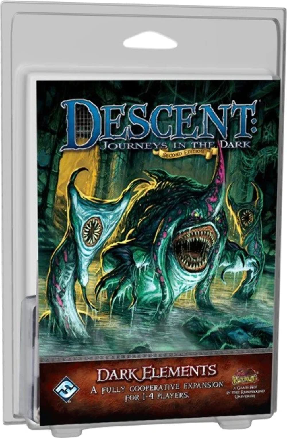 A Descent Journeys in the Dark Dark Elements board game expansion box featuring a terrifying green monster and two smaller creatures in murky water, housed in a clear plastic case