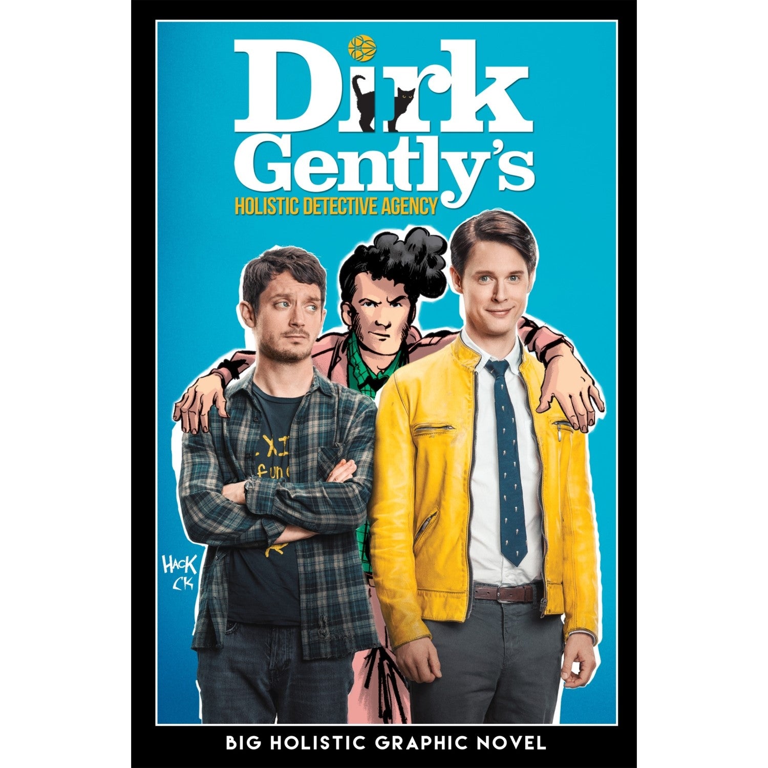 Dirk Gently's graphic novel cover: Confused man in plaid and smiling man in yellow jacket, embraced by a comic figure