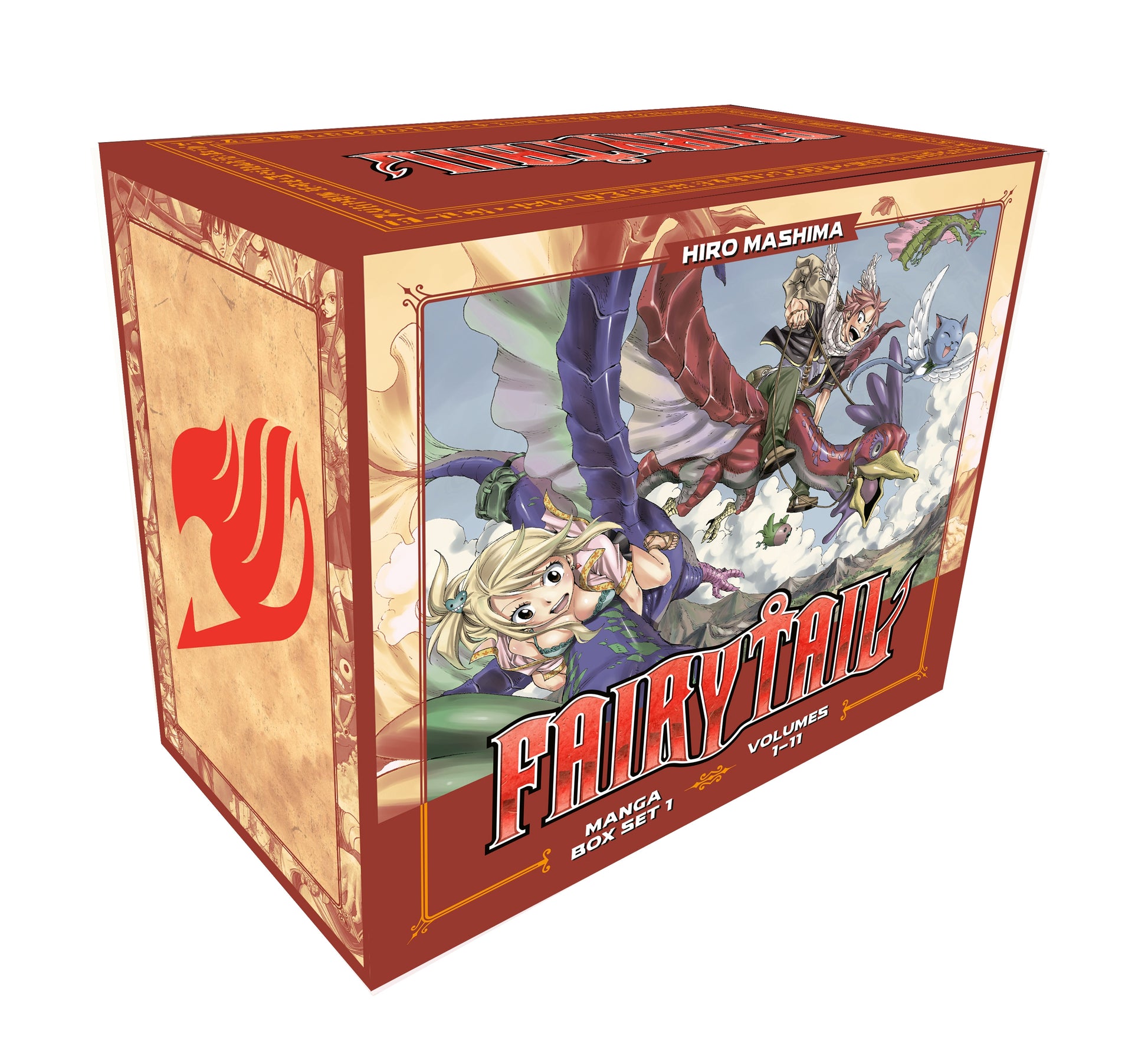 Fairy Tail Manga Box Set 1. Reddish-brown box with anime characters Lucy, Natsu, and Happy flying on the cover.
