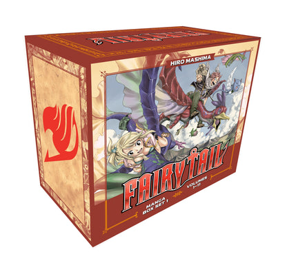 Fairy Tail Manga Box Set 1. Reddish-brown box with anime characters Lucy, Natsu, and Happy flying on the cover.