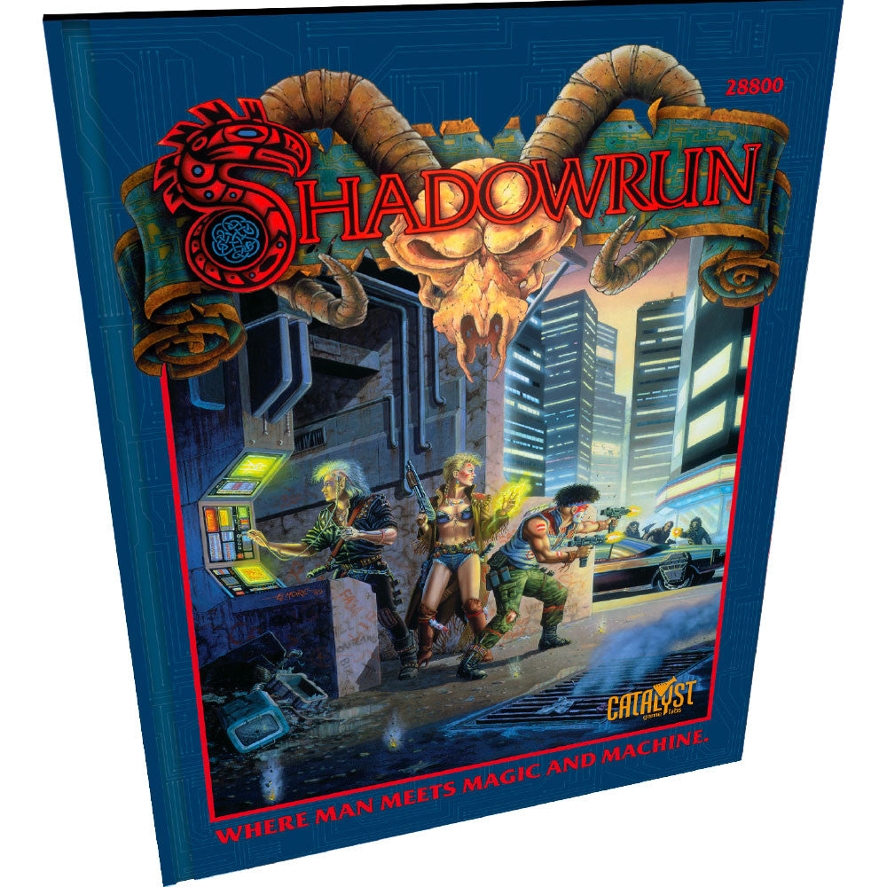 Shadowrun Sixth World Core Rulebook with futuristic cityscape three characters in foreground and title scroll featuring dragon and horned skull