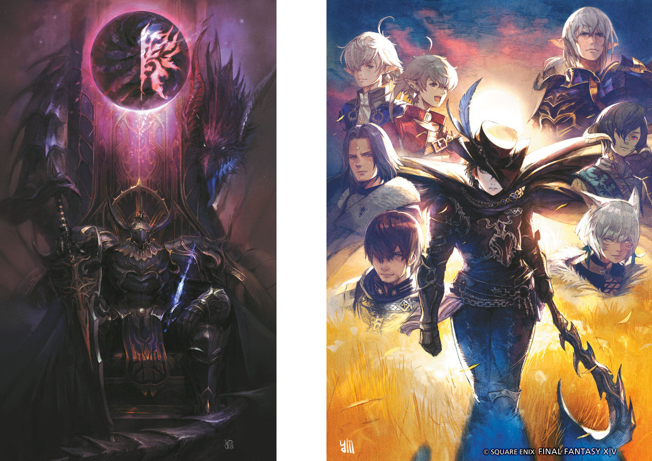 Dark armored figure on throne with glowing orb, contrasted by hero leading diverse adventurers in golden light. Final Fantasy XIV