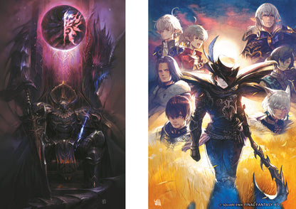 Dark armored figure on throne with glowing orb, contrasted by hero leading diverse adventurers in golden light. Final Fantasy XIV