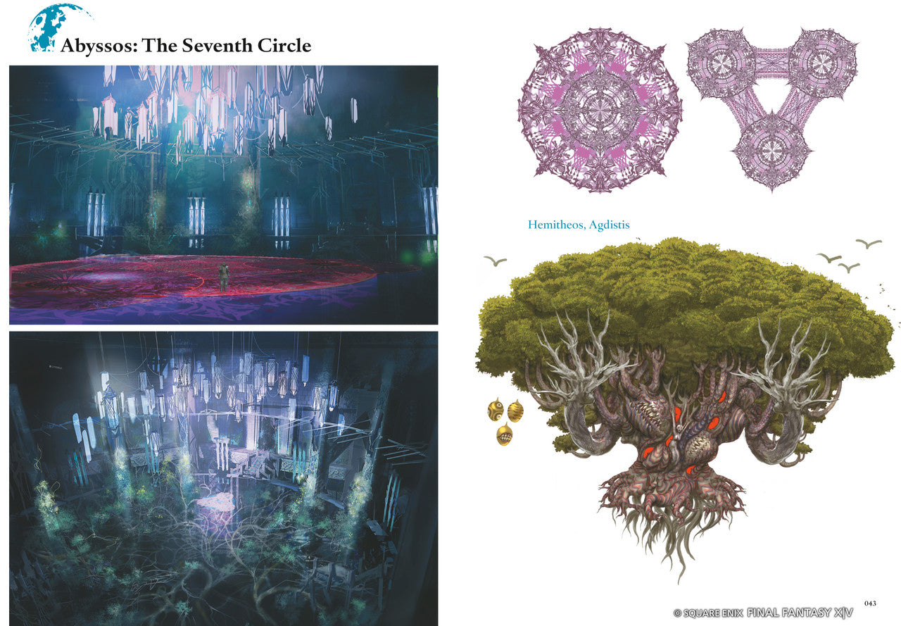 FFXIV art: Dark arena with a character and glowing crystals; and a monstrous tree creature with purple symbols