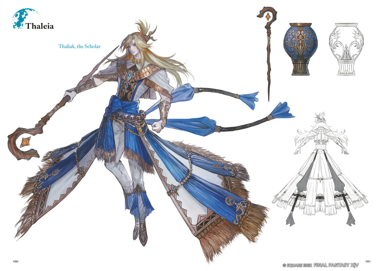Thaliak, the Scholar concept art: Blonde male character in elaborate blue/white robes, holding a staff, shown dynamically