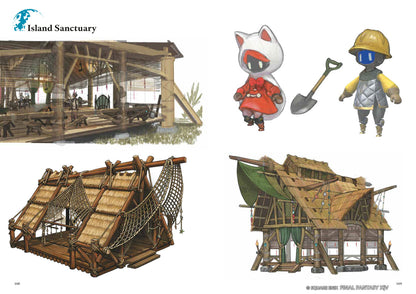Island Sanctuary concept art showing a large open pavilion, two tropical buildings, and two chibi characters with a shovel