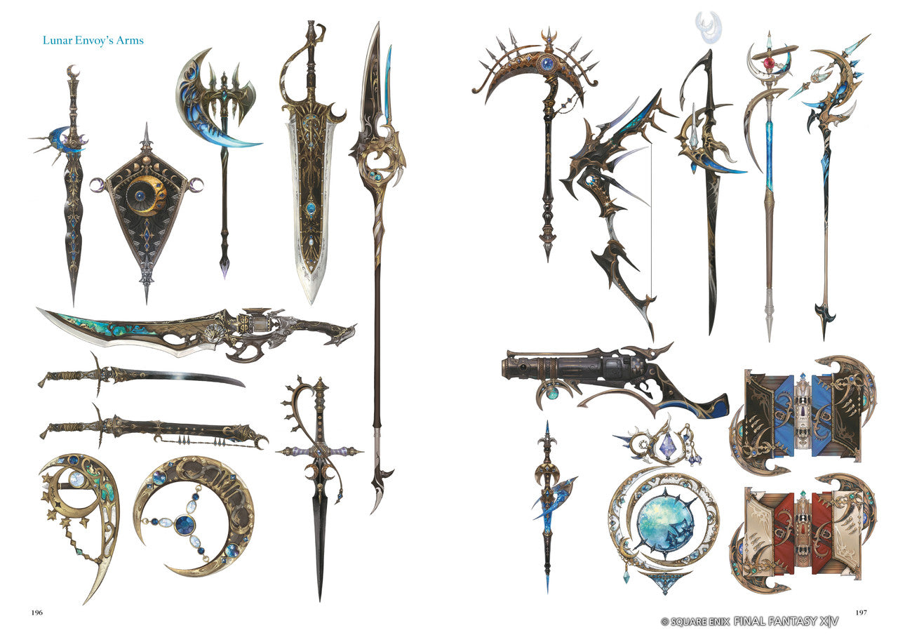 Ornate "Lunar Envoy's Arms" from FFXIV, including celestial-themed swords, axes, bows, staves, and guns