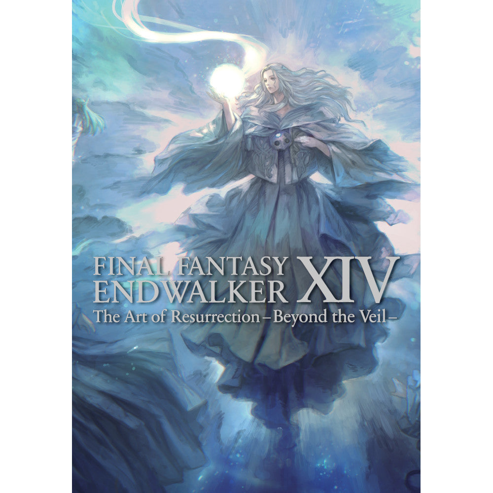 White-haired woman in flowing robes holds a glowing orb. Final Fantasy XIV Endwalker art book cover