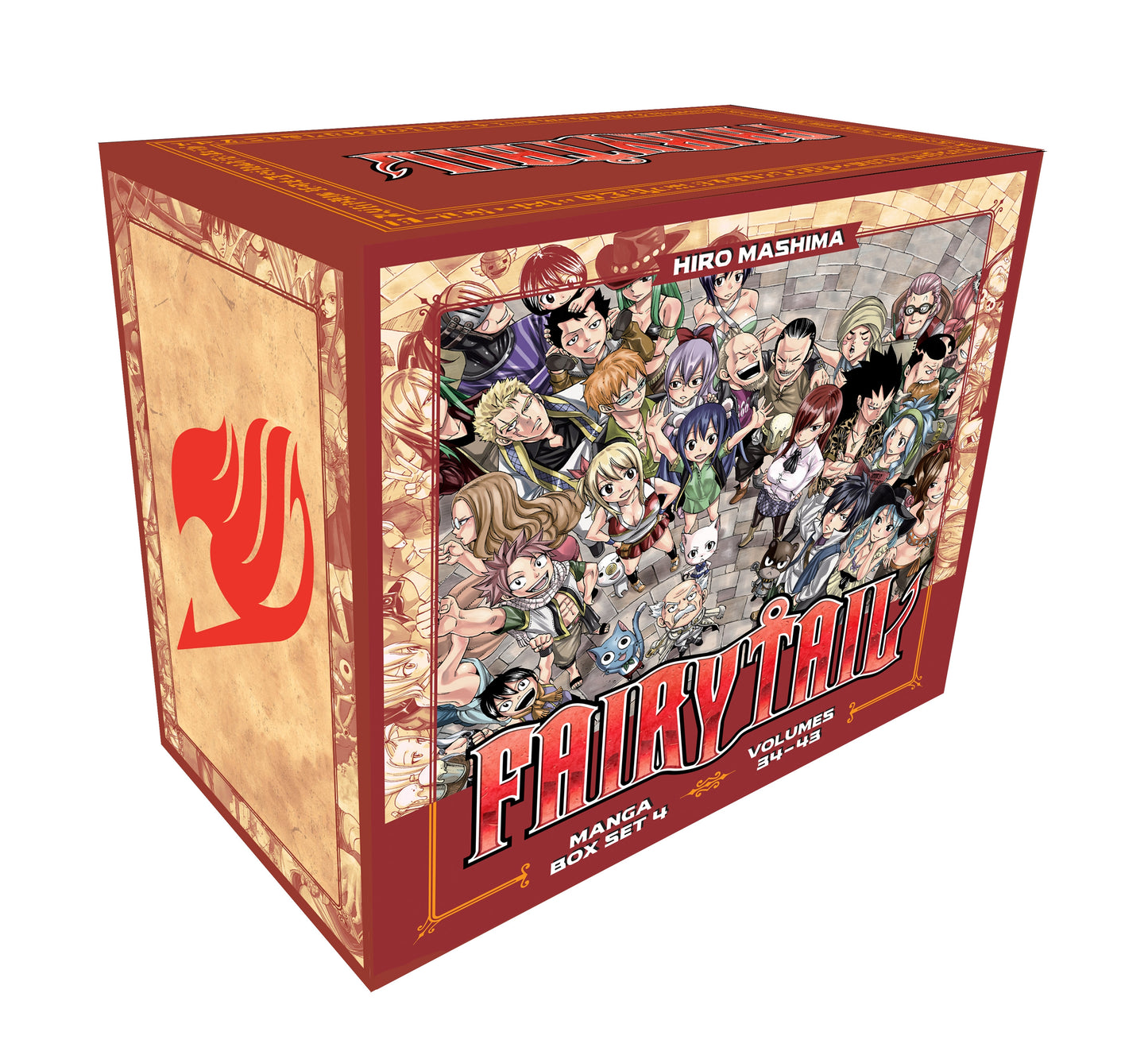 Red Fairy Tail Manga Box Set 4 (Volumes 34-43) by Hiro Mashima, featuring many popular characters on the cover.
