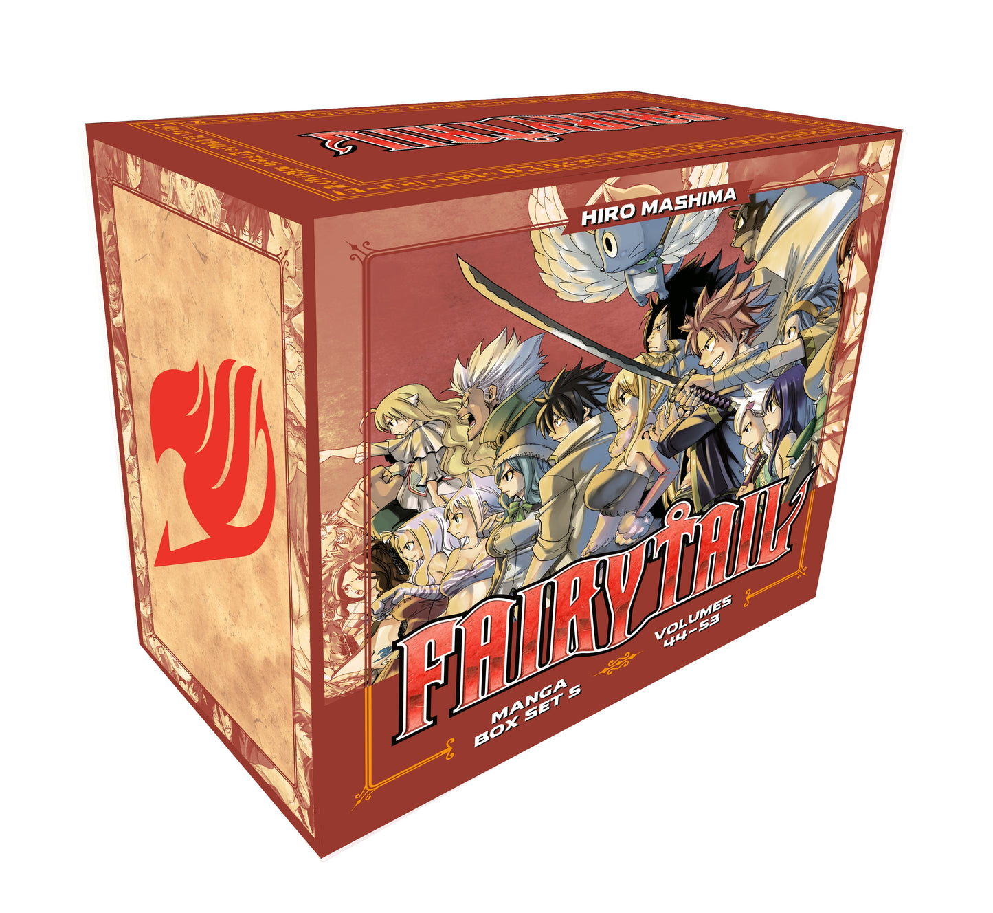 A red-brown Fairy Tail Manga Box Set 5 with guild mark, featuring Natsu (sword), Lucy, Gray, Erza, and Happy. Volumes 44-53.
