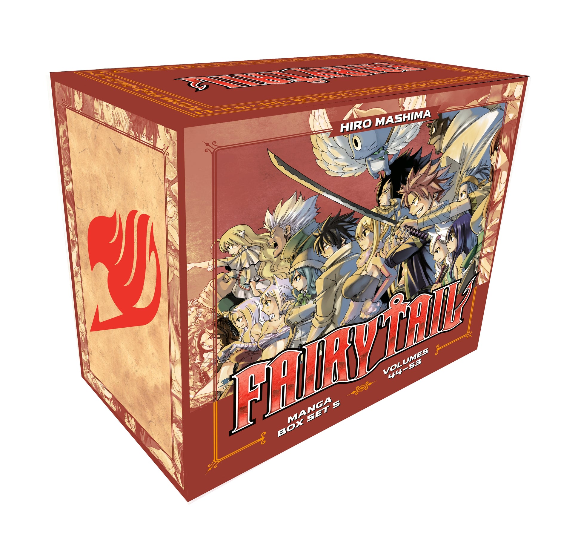 A red-brown Fairy Tail Manga Box Set 5 with guild mark, featuring Natsu (sword), Lucy, Gray, Erza, and Happy. Volumes 44-53.