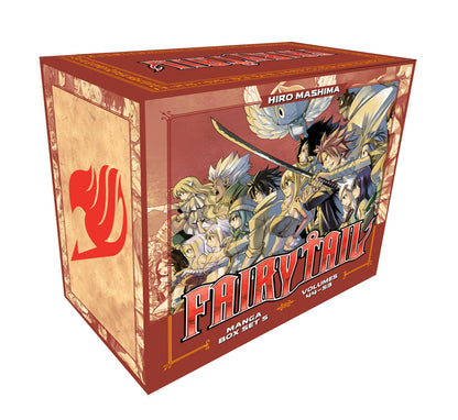 A red-brown Fairy Tail Manga Box Set 5 with guild mark, featuring Natsu (sword), Lucy, Gray, Erza, and Happy. Volumes 44-53.