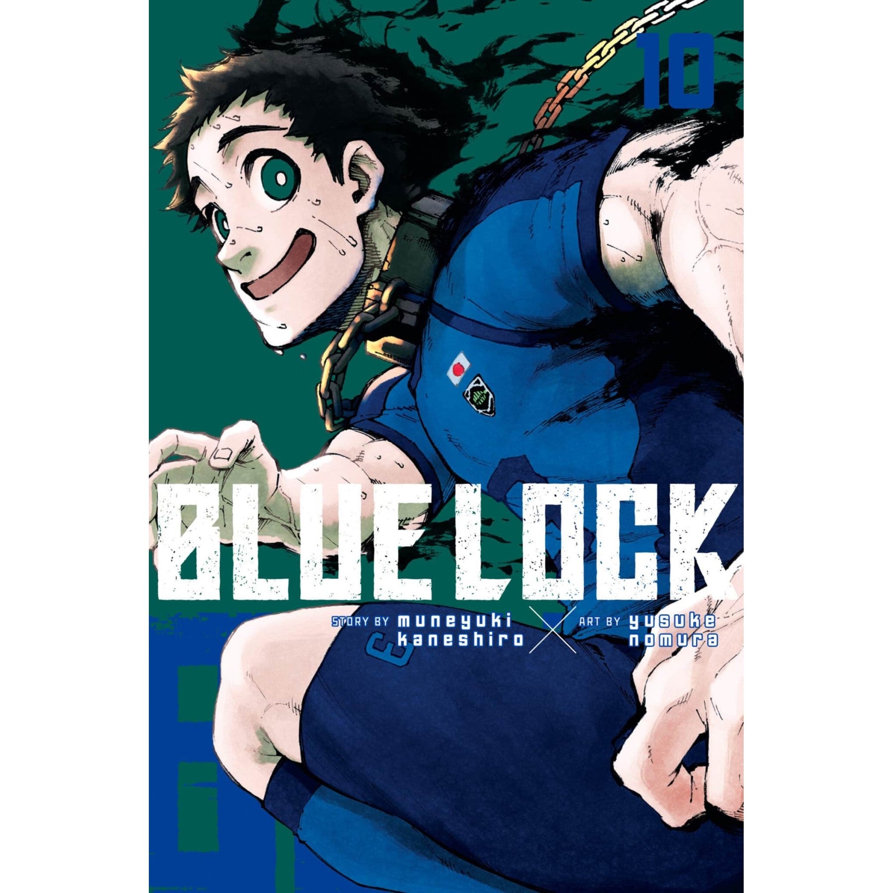 Blue Lock Vol. 10 cover: A grinning young man in a blue soccer uniform, with chains, leans forward dynamically