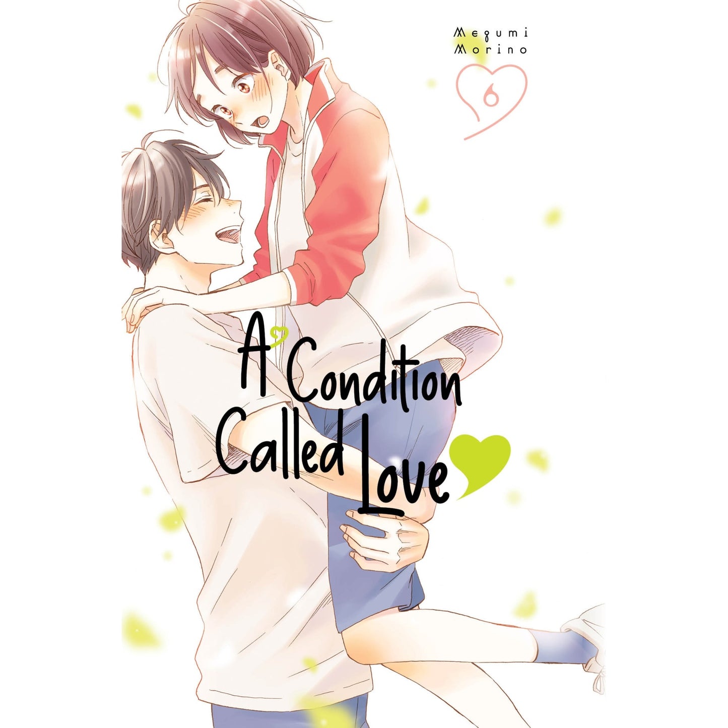 Smiling manga boy lifts a blushing girl -  Book title: A Condition Called Love