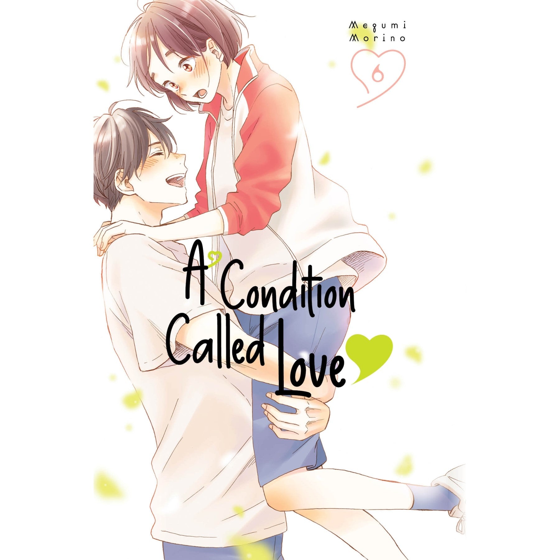 Smiling manga boy lifts a blushing girl -  Book title: A Condition Called Love
