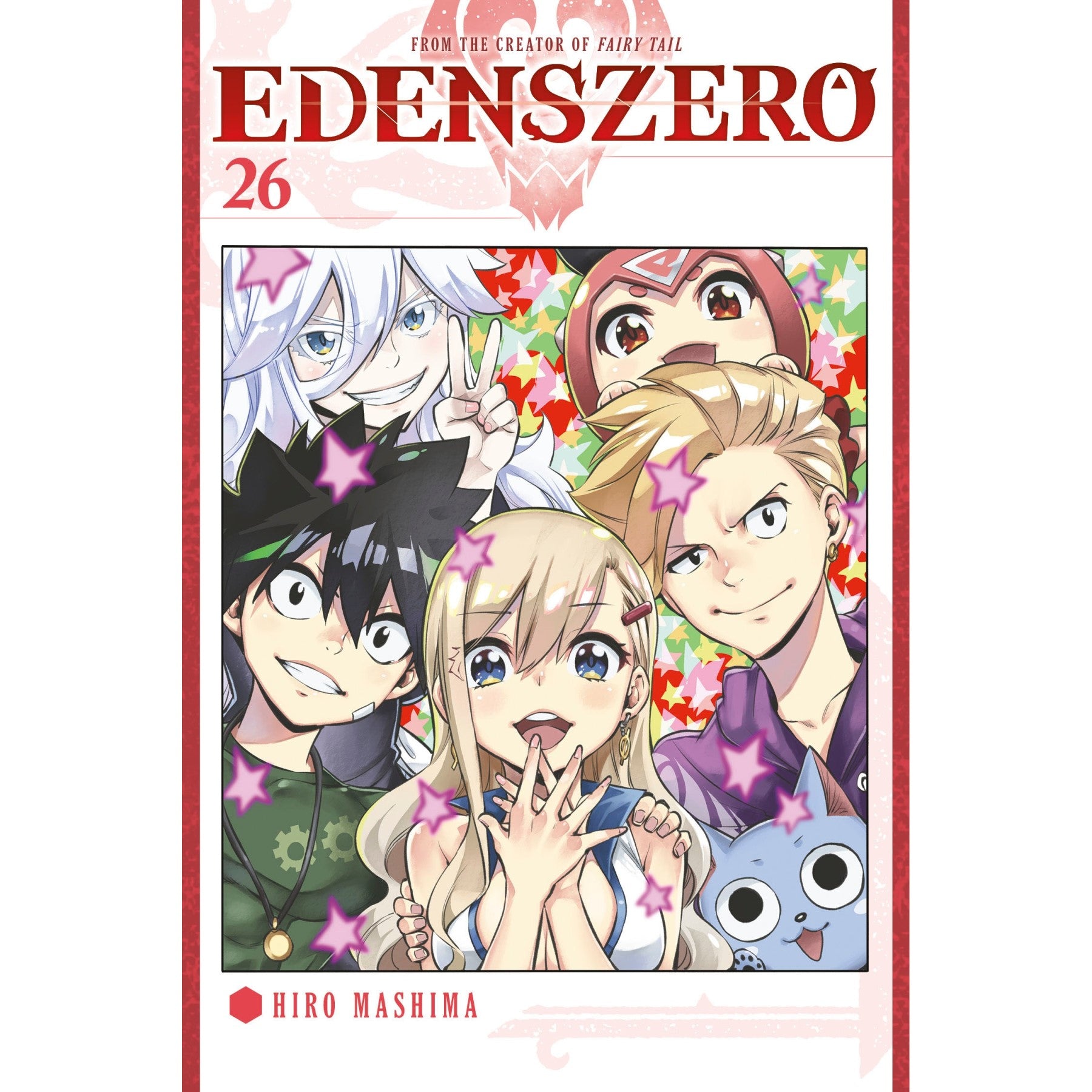 Edens Zero 26 manga cover: A group of six smiling anime characters, including a blue cat, pose cheerfully with stars