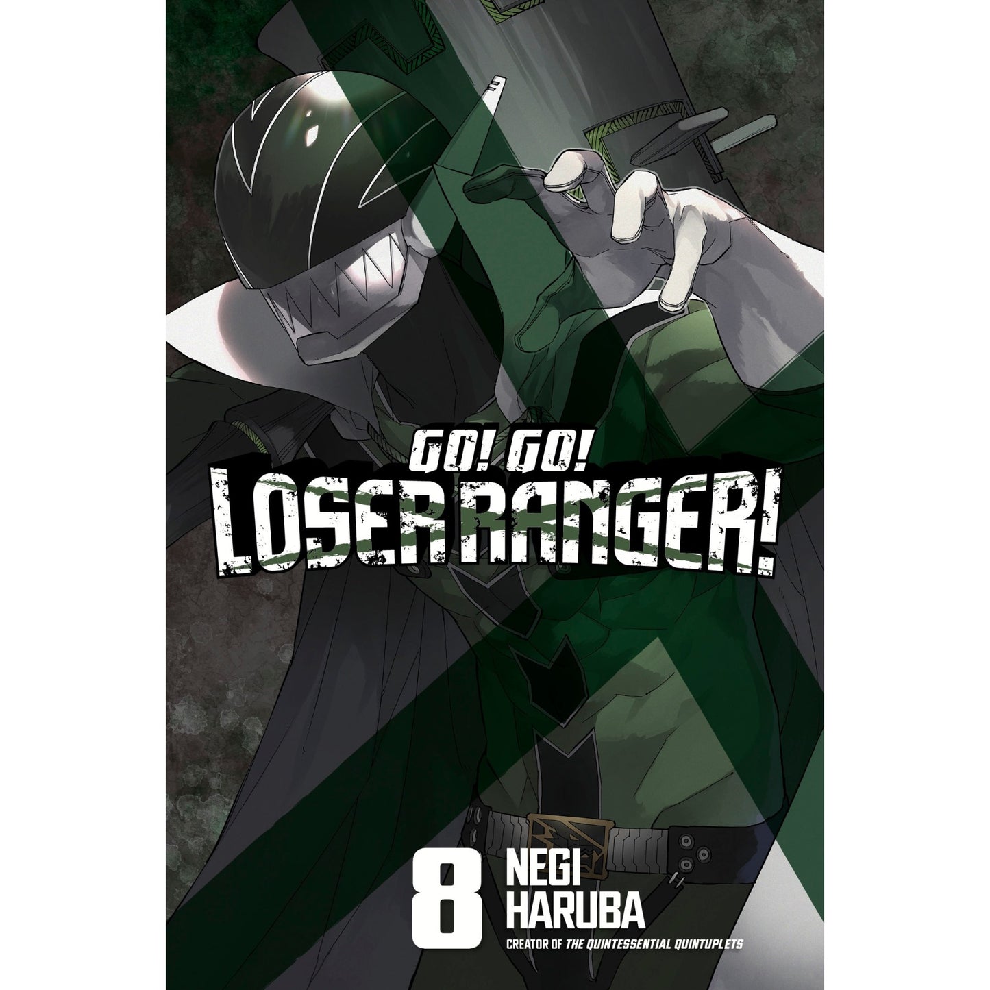 Manga cover: A green armored character with a sharp-toothed helmet extends a hand. "GO! GO! LOSERANGER! 8"