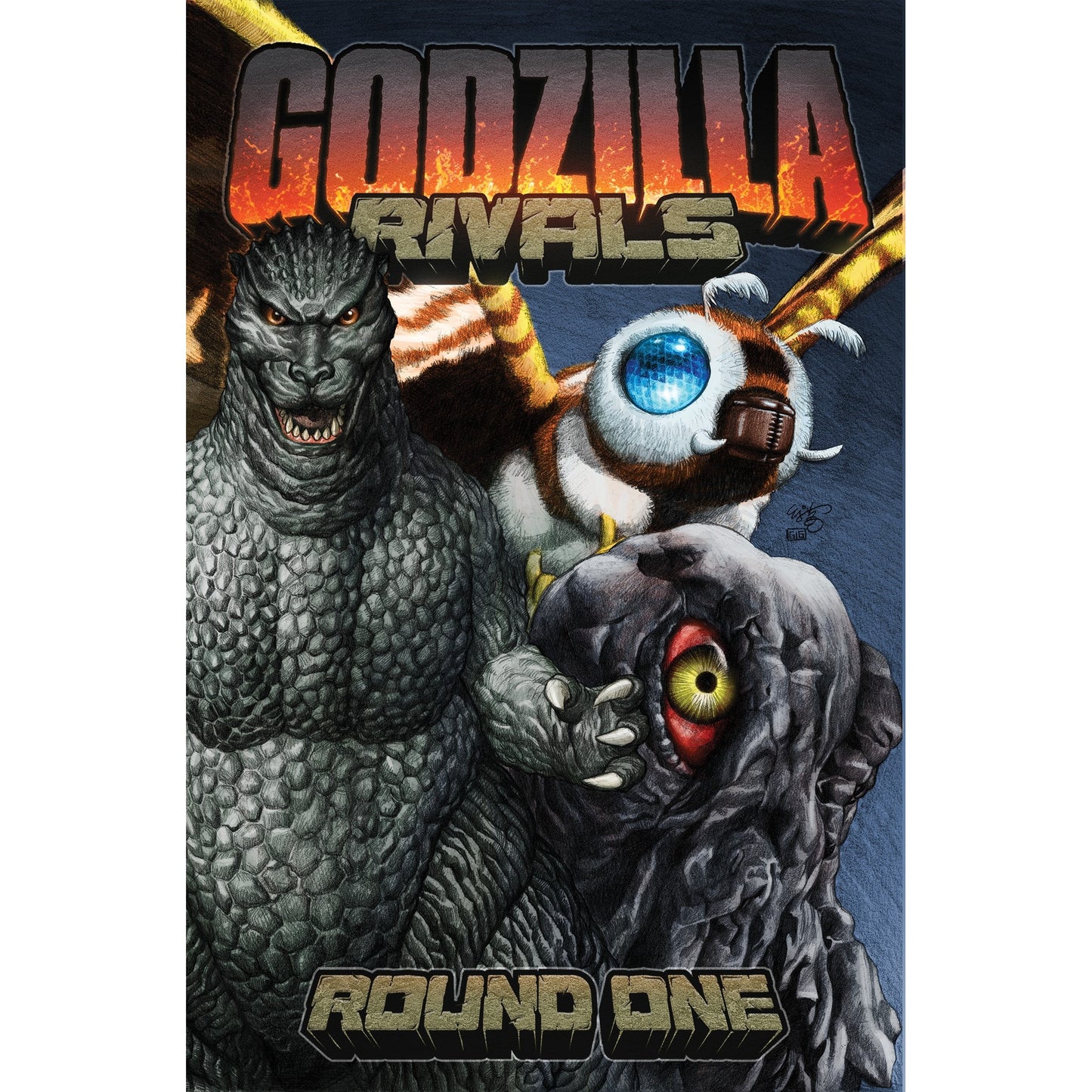 Godzilla Rivals comic cover featuring Godzilla, Mothra holding a football, and Hedorah