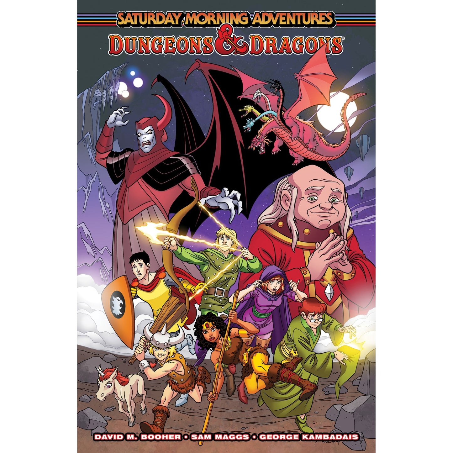Dungeons & Dragons comic cover: Heroes like Hank and Bobby confront the demon Venger and five-headed Tiamat. Dungeon Master observes