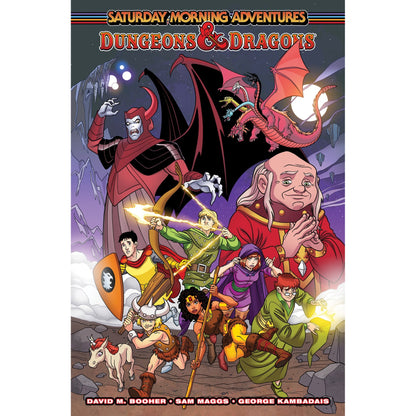 Dungeons & Dragons comic cover: Heroes like Hank and Bobby confront the demon Venger and five-headed Tiamat. Dungeon Master observes