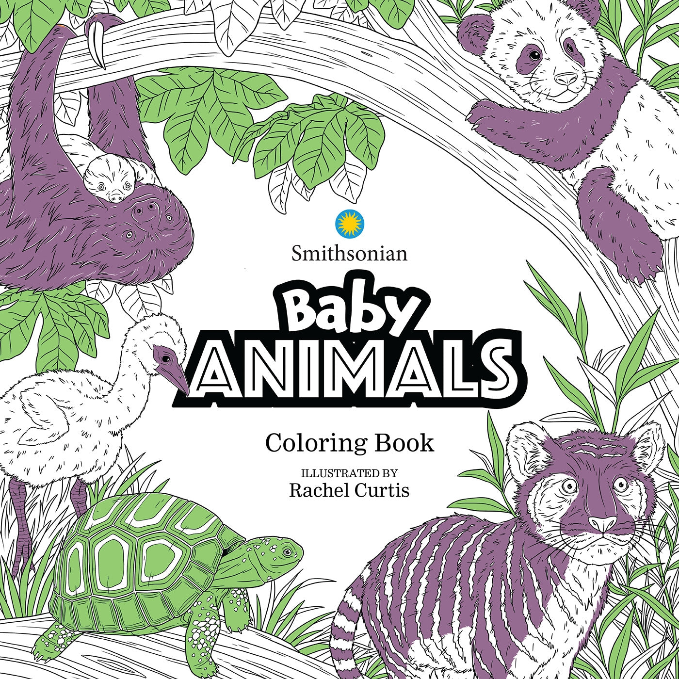 Smithsonian Baby Animals Coloring Book cover featuring a sloth -  panda -  bird -  turtle -  and tiger cub